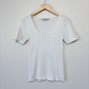 LOFT Short Sleeve Ribbed Tee T-Shirt with Scallop Edge White Small